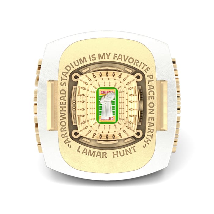 The Kansas City Chiefs Super Bowl LVII Ring is not only filled with unique details, but it also boasts an impressive stone count. With 609 round diamonds, 16 baguette diamonds, four marquise diamonds and 35 custom-cut genuine rubies totaling approximately 16.10 carats, this ring is fit for World Champions. Image and description courtesy of Jostens.